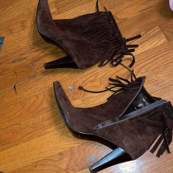 Nine west fringe chocolate heel moccasin boot fringe leather suede - Picture 3 of 6